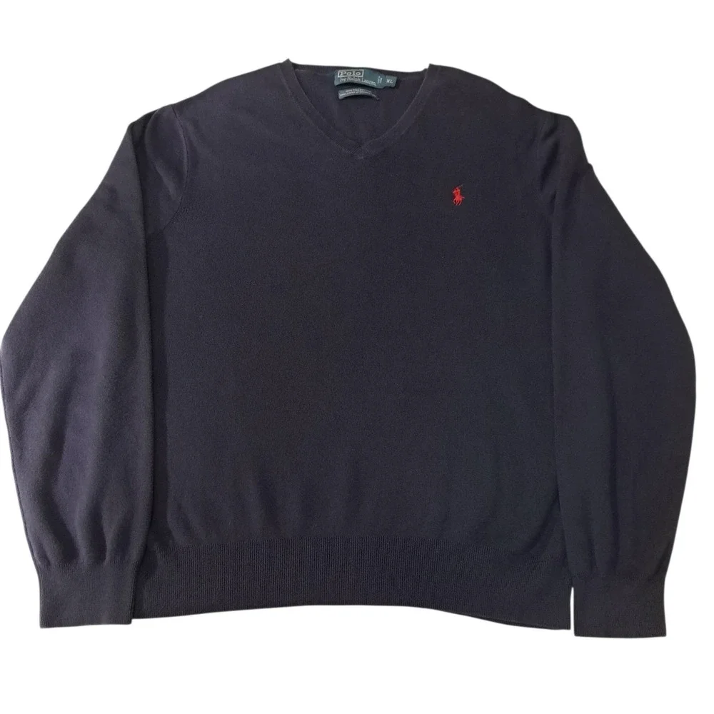 Polo Ralph Lauren Men's Long Sleeve Sweater V-Neck 100% Pima Cotton Navy Blue XL